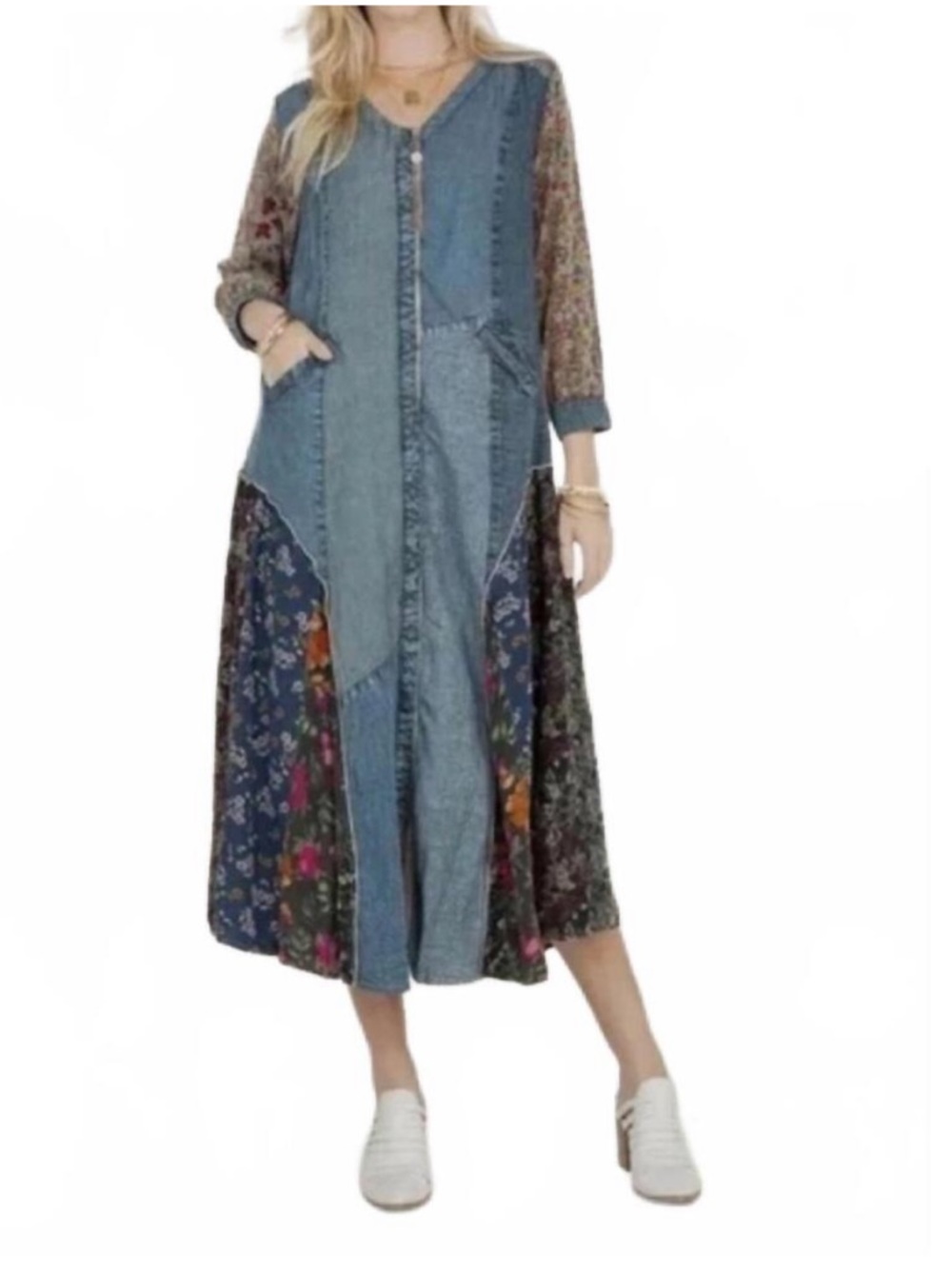Young Threads Patchwork Button-Front Denim Duster with Floral Panels.